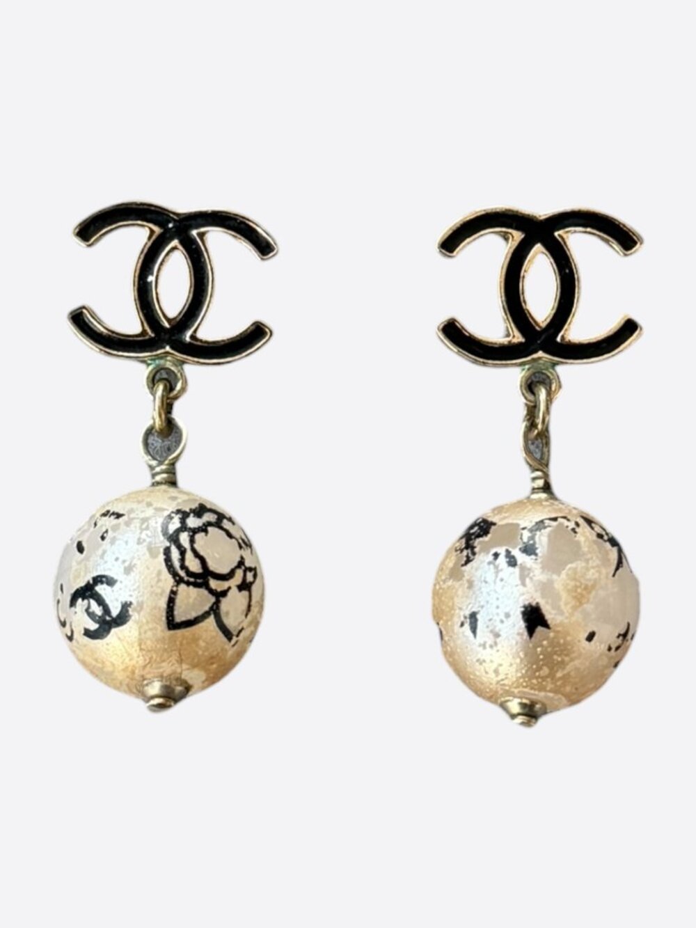 Chanel Gold & Black CC Logo Faux Pearl Earrings